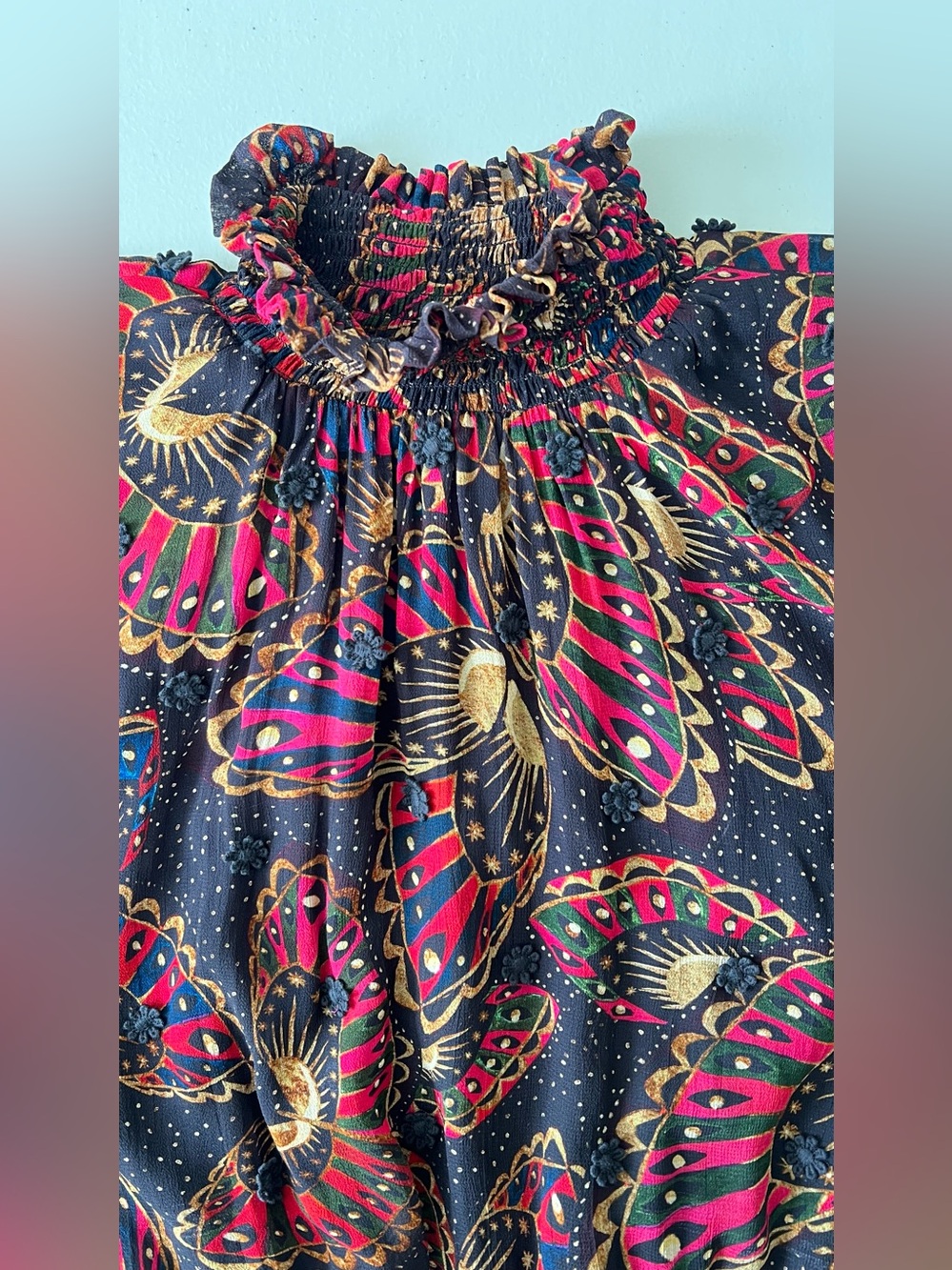 FARM Rio Black Pink Gold Printed Ruffle-Neck Blouse - Picture 5 of 15
